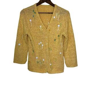 Vintage Handmade Crochet Yellow Cardigan Embroidered Flowers 3/4 Sleeves Spring